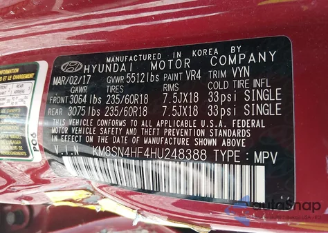 2017 Hyundai Santa Fe Se from USA, damaged, VIN KM8SN4HF4HU248388